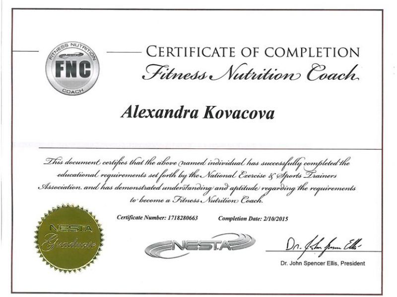 Alexandra Kovacova Fitness Health Coach Certificate