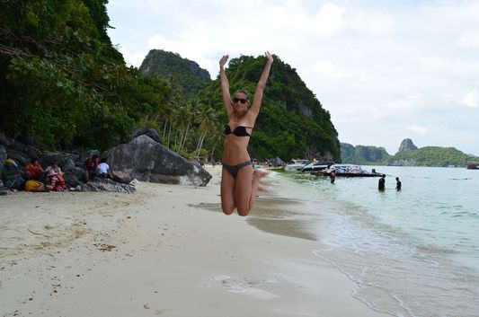 crazy sexy fun traveler on Koh Wua Talap beach in Angthong Marine National park