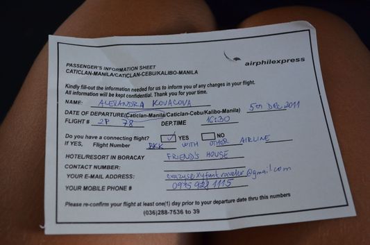 passenger information sheet on Air Phil Express 2P 259 flight from Cebu to Caticlan - Boracay