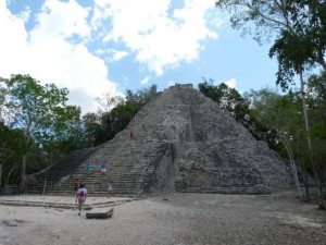 the tallest Nohoch Mul pyramid in Coba ruins in Mexico