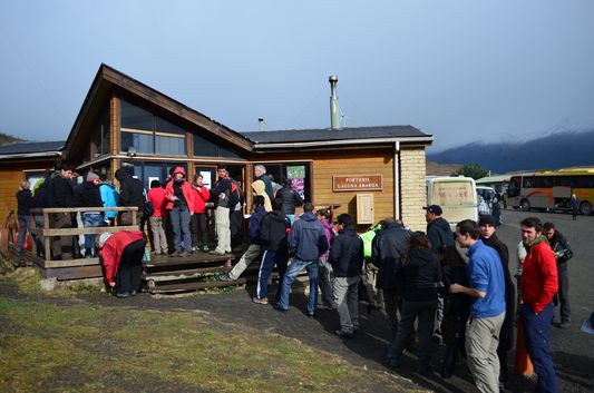 at the entrance to Torres del Paine paying the entrance fee