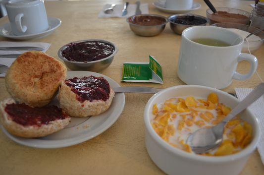 cereals and bread with marmalade in Hi Patagonia Hostel