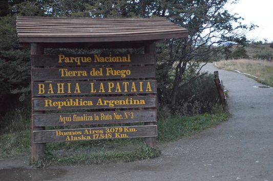 the end of Pan-American Highway in Lapataia Bay in Tierra del Fuego