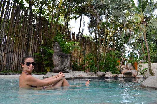 crazy sexy fun traveler in the swimming pool in Totem Hotel Beach Resort