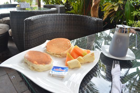 pancakes with fruit for breakfast in Palma Royale hotel