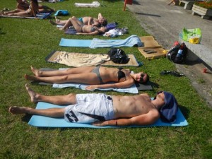 sunbathing at the pool in Humenne with Matt