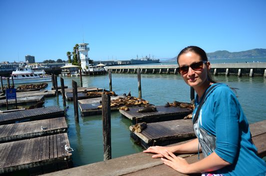 crazy sexy fun traveler at Pier 39 observing sea lions
