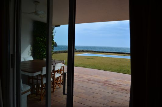the view of the pool from the dining room
