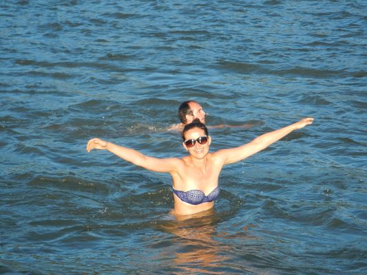 crazy sexy fun traveler swimming in the Danube