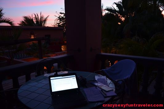 working at the patio at sunset