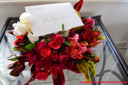 flowers and a welcome note waiting for me at Montpelier plantation