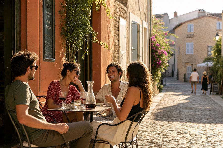 Four friends enjoy drinks at a sunlit café in the street