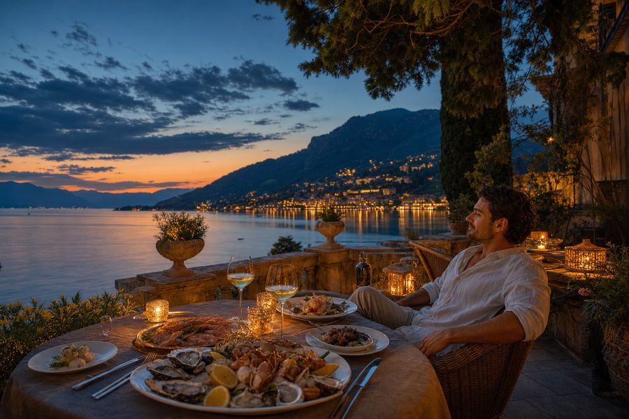 Man dining with sunset view over a coastal city