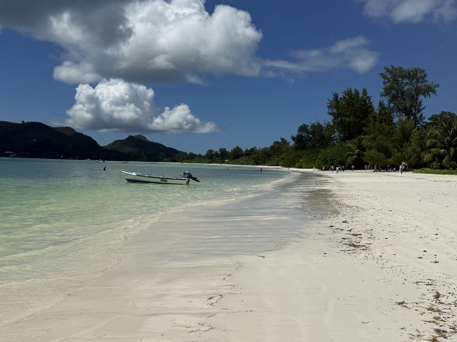 boats on beach Cote D'Or Praslin Seychelles
