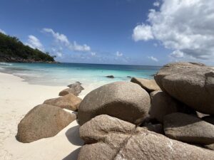 granite boulders on beach Anse Georgette Praslin Seychelles