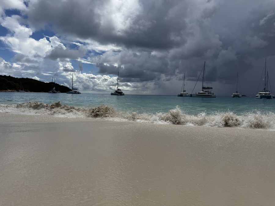 many boats on beach Anse Lazio Praslin Seychelles
